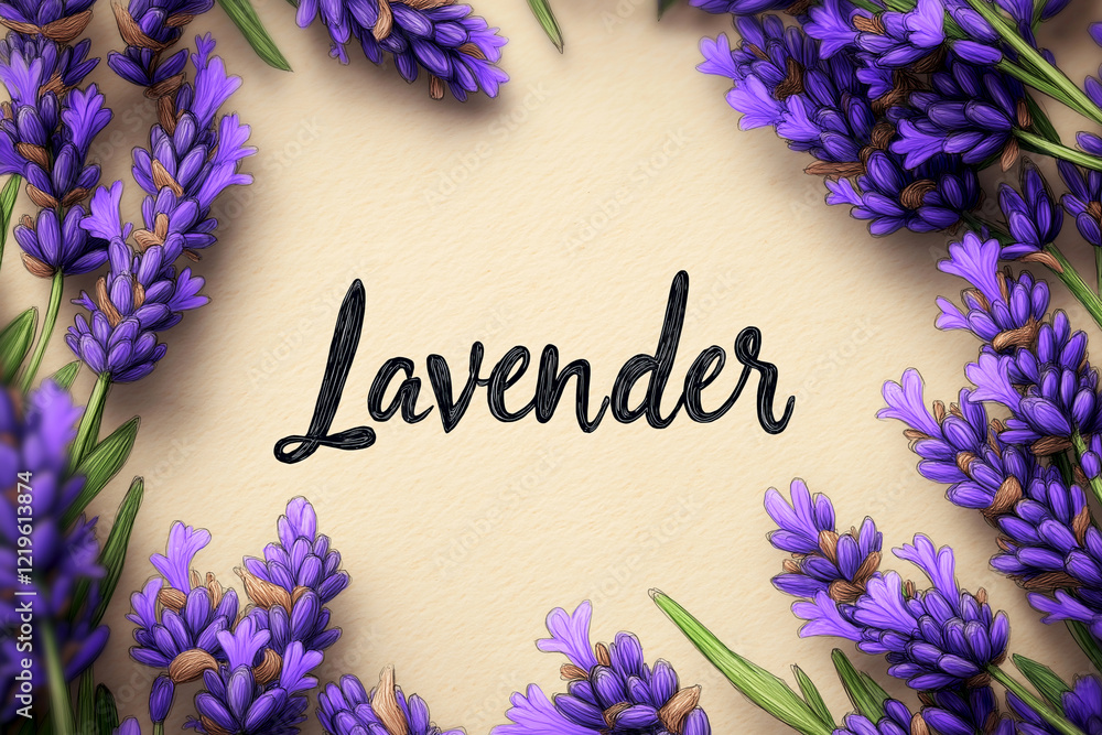 Fototapeta premium Lavender flowers arranged beautifully with elegant handwritten text on a soft background for a serene atmosphere. Lavender sketch frame illustration, text Lavender
