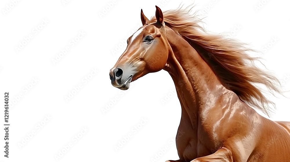 Fototapeta premium Chestnut horse with flowing mane, isolated on white.