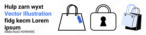 Diverse shopping bag icons including a tagged bag, a secure lock bag, and a stylish shopping bag. Ideal for e-commerce, retail, secure payment, online shopping, store branding, marketing sales