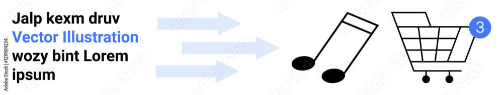 Text elements and blue arrows leading to musical notes and a shopping cart with a notification icon. Ideal for e-commerce, music, process visualization, notifications, shopping journey, icons Text elements and blue arrows leading to musical notes and a shopping cart with a notification icon. Ideal for e-commerce, music, process visualization, notifications, shopping journey, icons