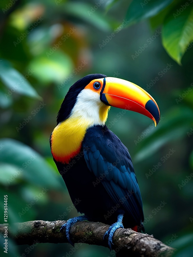 Colorful channel-billed toucan perching gracefully on a branch in a lush rainforest, displaying vibrant plumage and a strikingly large orange beak amidst the green foliage Colorful channel-billed toucan perching gracefully on a branch in a lush rainforest, displaying vibrant plumage and a strikingly large orange beak amidst the green foliage