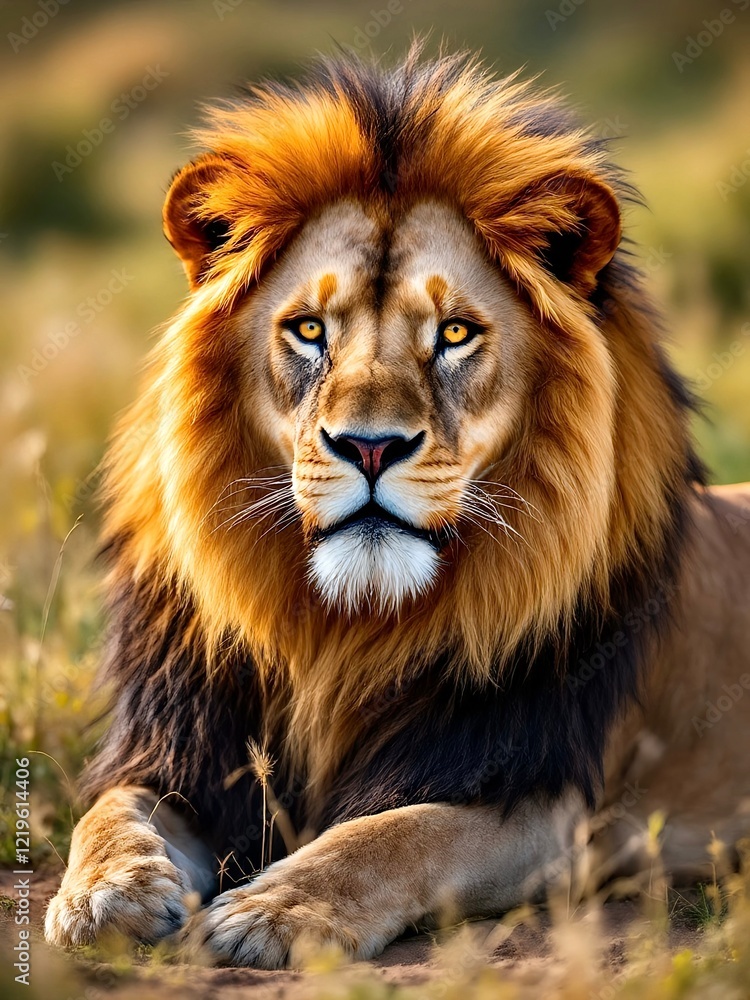 A powerful male lion with a thick mane lying on the ground, displaying its regal presence and observing its territory in the golden light of the African savanna A powerful male lion with a thick mane lying on the ground, displaying its regal presence and observing its territory in the golden light of the African savanna