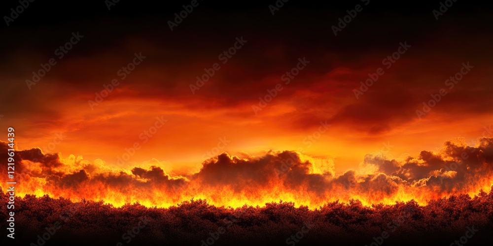 Intense forest fire under fiery sky with dramatic clouds at sunset Intense forest fire under fiery sky with dramatic clouds at sunset