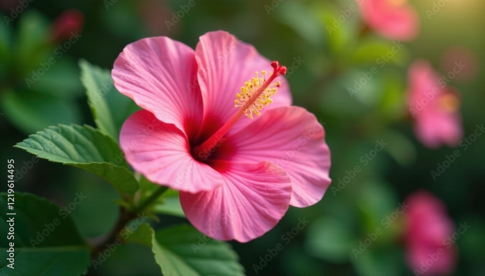 Naklejka premium Large pink petals unfolding from green stem on hibiscus bush, hibiscus, bush