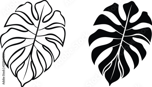 Monstera deliciosa leaf, line art, black, white, design, illustration, tropical, plant, graphic, sil
