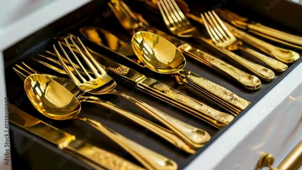 Elegant gold cutlery set arranged neatly on a rustic wooden table, perfect for a sophisticated dining experience
Elegant gold cutlery set arranged neatly on a rustic wooden table, perfect for a sophisticated dining experience