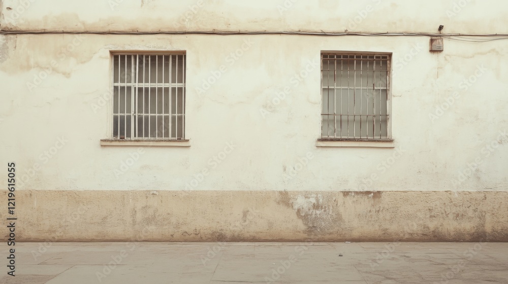 Weathered building exterior with two barred windows. Weathered building exterior with two barred windows.