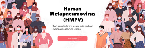 Human metapneumovirus (HMPV). Young modern men and women in medical masks. Vector illustration for website banner, presentation, s template web and mobile application development. Not AI generated