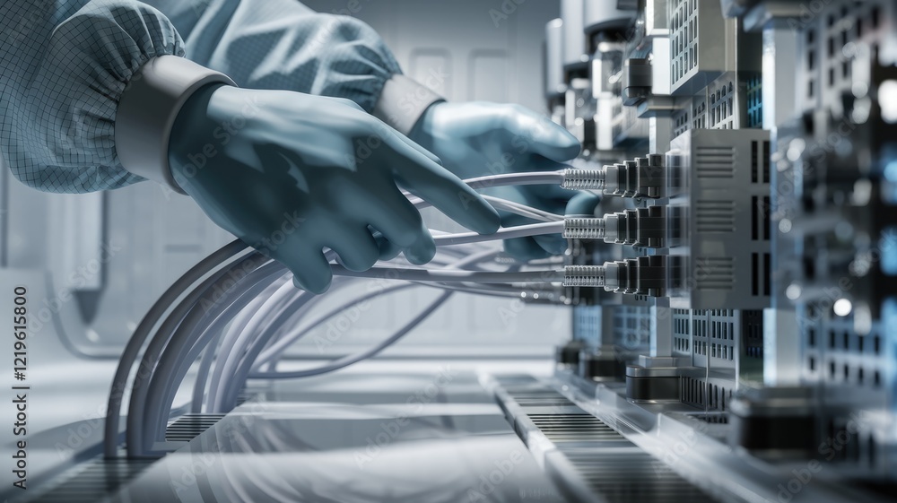 Fototapeta premium Gloved hands carefully connect cables to a complex server rack in a cleanroom environment.