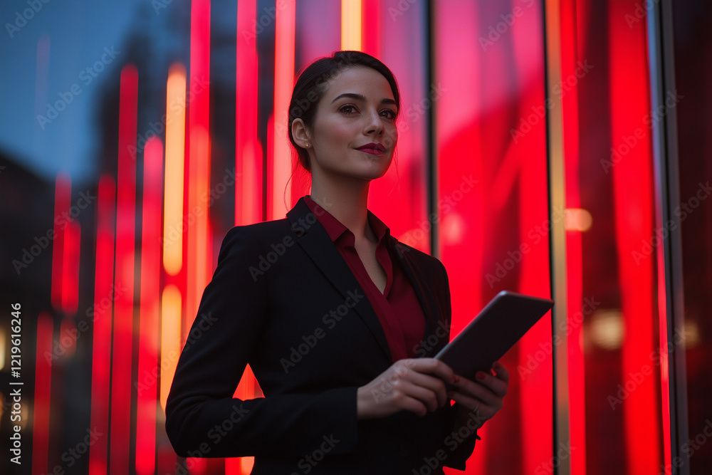 Fototapeta premium Standing confidently in front of a modern, glass-fronted business building, the businesswoman holds a digital tablet with an air of focus and grace. 