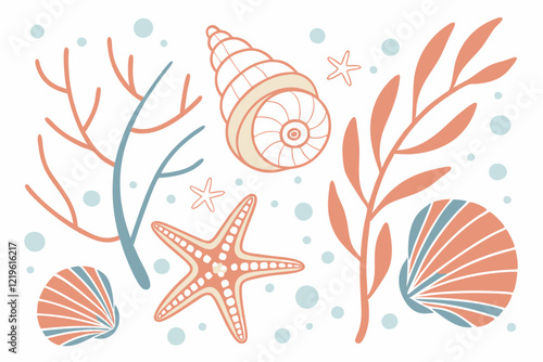 Colorful seashells, pastel color palette, hand-drawn style, marine life illustrations, starfish, conch shells, sea urchins, scallop shells, spiral shells, coral pink, soft blue, muted orange, beige