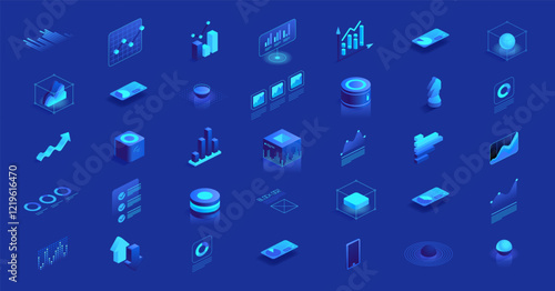 Set of isometric icons for data visualization and analytics. Includes charts, graphs, and diagrams for representing various data types. Ideal for websites and blogs about data science and business
