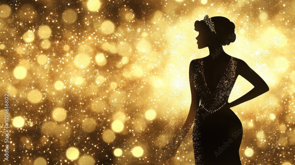 Elegant Woman Silhouette in Sparkling Gold Background Elegant Woman Silhouette in Sparkling Gold Background