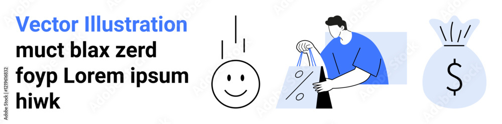 Man in blue shirt carrying shopping bag with a percentage sign. Smiling face beside a money bag signifies financial success, savings. Ideal for retail, finance, discounts, promotions, e-commerce Man in blue shirt carrying shopping bag with a percentage sign. Smiling face beside a money bag signifies financial success, savings. Ideal for retail, finance, discounts, promotions, e-commerce