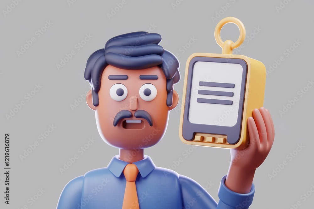 A 3D cartoon man with a surprised expression holds a device with three lines, possibly a notepad or checklist. A 3D cartoon man with a surprised expression holds a device with three lines, possibly a notepad or checklist.