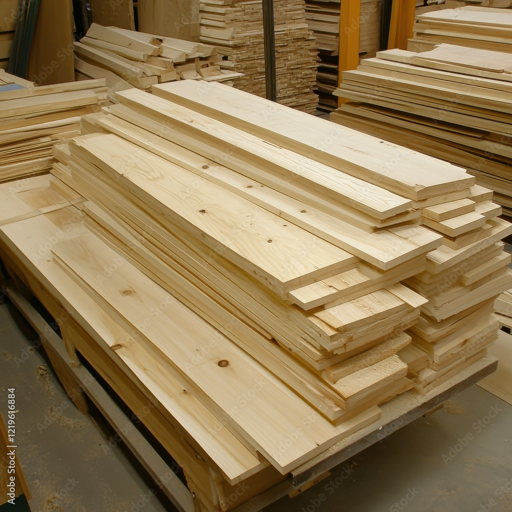 Freshly cut wooden planks stacked neatly in workshop, showcasing various sizes and textures, ideal for woodworking projects and construction Freshly cut wooden planks stacked neatly in workshop, showcasing various sizes and textures, ideal for woodworking projects and construction