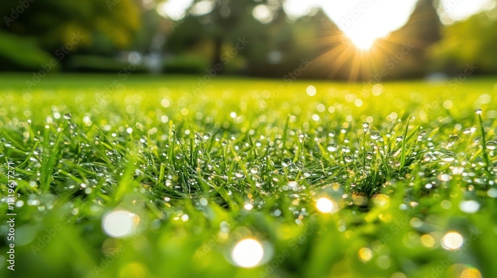 Naklejka premium Dew-kissed grass sunrise park morning nature