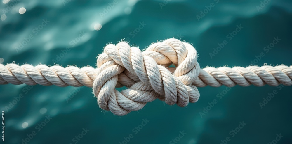 Fototapeta premium Intertwined white ship ropes secured with a reef knot , design, texture