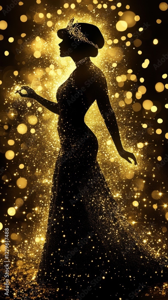 Golden Glitter Silhouette Of A Queen In Gown Golden Glitter Silhouette Of A Queen In Gown