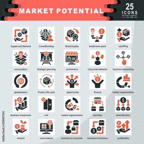 Market Potential icon set containing Supply and demand, Crowdfunding, upselling, new product, Strategic planning, ecommerce, Consumer behavior, business networking icon. Simple color fill vector