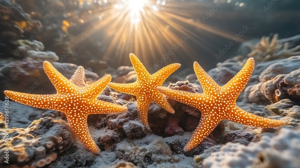 Three Orange Starfish Bask in Sunlight Underwater Three Orange Starfish Bask in Sunlight Underwater