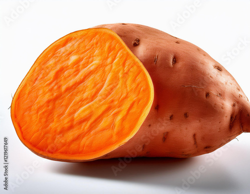 sweet potato showing orange flesh on white background photo