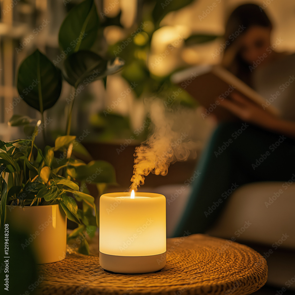 Candle with Essential Oil Diffuser in a Cozy Room