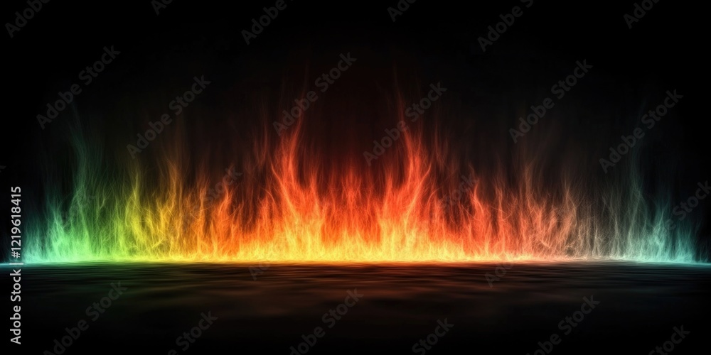 Colorful flame spectrum on black background - vibrant fire energy display Colorful flame spectrum on black background - vibrant fire energy display