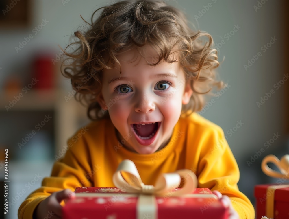 Fototapeta premium Surprised Child Opening Christmas Gift with Mouth Wide in Awe and Delight