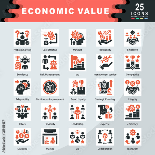 Economic Value icon set containing Problem Solving, Cost Effective, Mindset, Profitability, Employee, Excellence, Risk, Ipo, management service, Competitive, Adaptability icon.Simple color fill vector