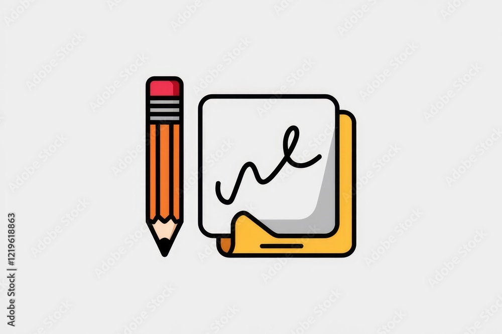 A simple illustration of a pencil and notepad with a signature, representing writing or signing. A simple illustration of a pencil and notepad with a signature, representing writing or signing.