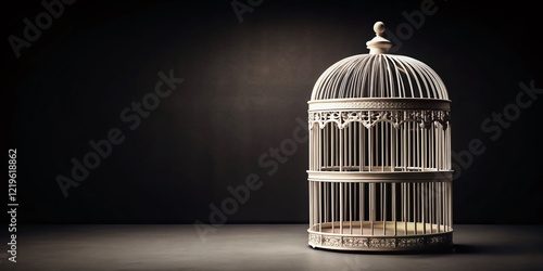 Vintage White Empty Birdcage, Closed Door, Black Background - Stock Photo
