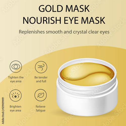 Hydrogel patches are used to moisturize and nourish the skin around the eyes. Gold cosmetic pads in a white plastic container