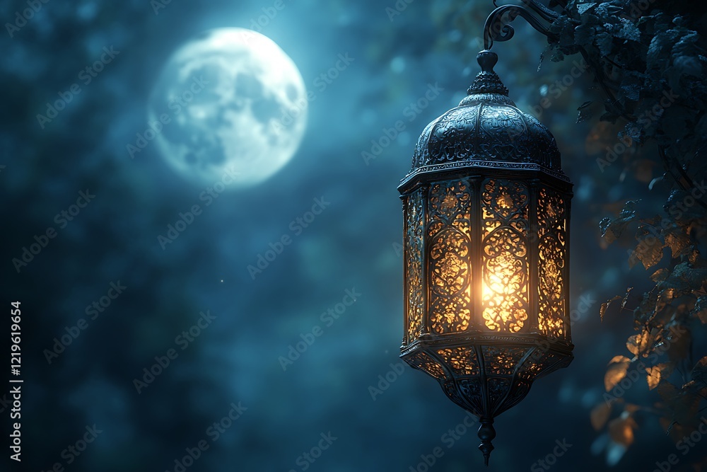 Illuminated Lantern Hanging from Tree Branch with Full Moon in Night Sky
Illuminated Lantern Hanging from Tree Branch with Full Moon in Night Sky