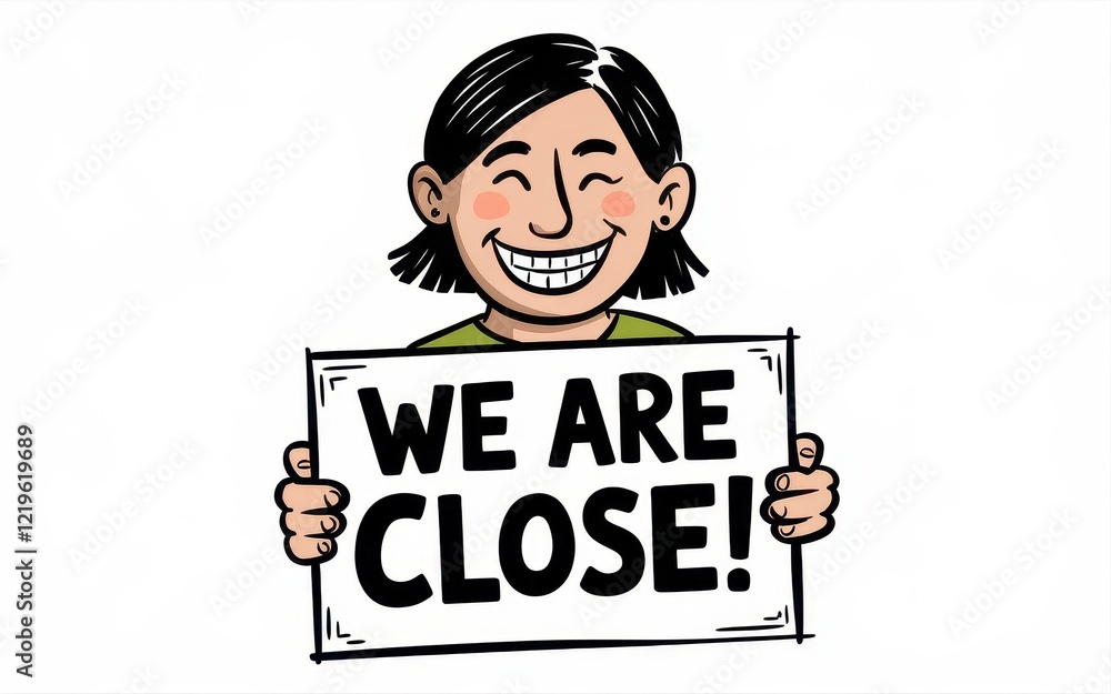 Cheerful Cartoon Character Announces Closure with a Sign Cheerful Cartoon Character Announces Closure with a Sign