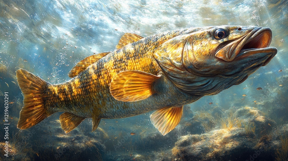 A realistic depiction of a bass fish swimming underwater, A realistic depiction of a bass fish swimming underwater,