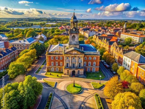 Warrington Town Hall & Golden Gates Drone Aerial View, Cheshire, UK