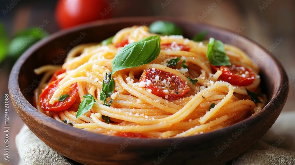 Fototapeta premium Image of rice and roasted tomato and garlic sauce pasta in a rustic bowl, emphasizing savory and comforting qualities. Ideal for Italian meals and family dinners.