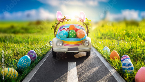 colorful easter themed car driving on a sunny road surrounded by greenery photo