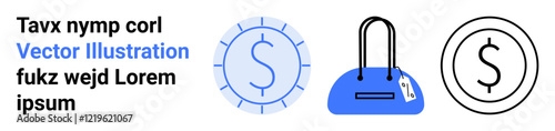 Currency symbol, money bag with price tag, tagline. Ideal for finance apps, budgeting, eCommerce, banking, investment advertisement currency exchange. Landing page