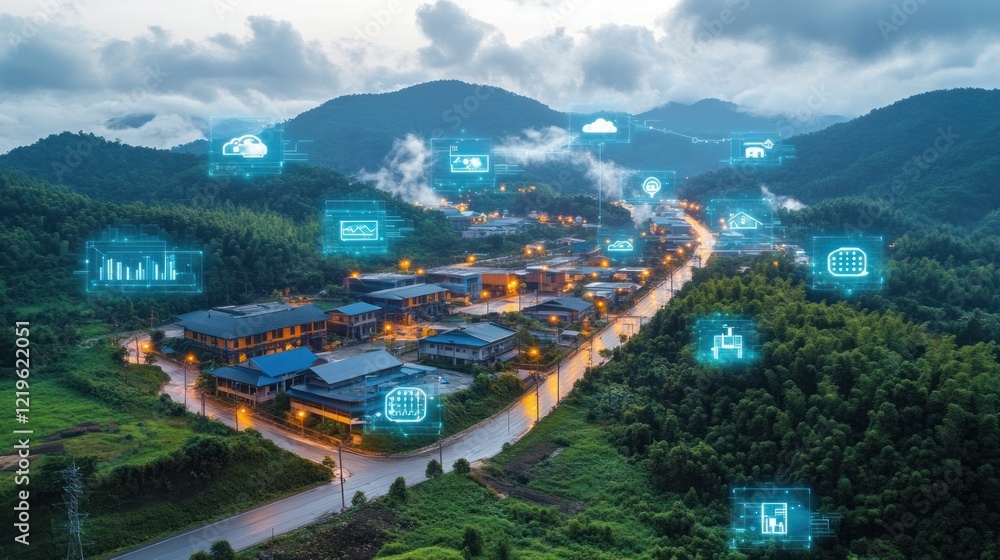 Obraz premium Smart village, digital transformation, IoT, aerial view.