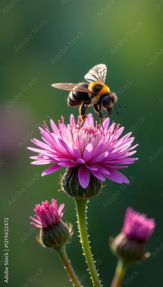 Colorful Helophilus trivittatus hovering above thistle blossom, nature, wildlife Colorful Helophilus trivittatus hovering above thistle blossom, nature, wildlife