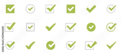 Check mark vector icon set. Checked check box sign. Approved symbol. Green checkmark isolated on white background. Correct vote choise. Vector Illustration. EPS 10