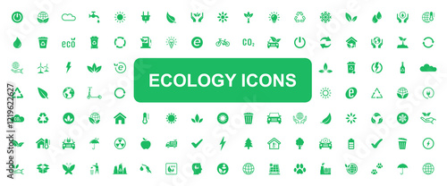 Ecology icon set. Environment, sustainability, nature, recycle, renewable energy; electric bike, eco-friendly, forest, wind power, green symbol. Environmentally friendly, green technologies. Vector photo