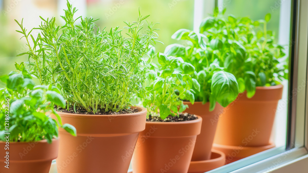Fresh herbs growing in clay pots on a sunny windowsill Fresh herbs growing in clay pots on a sunny windowsill