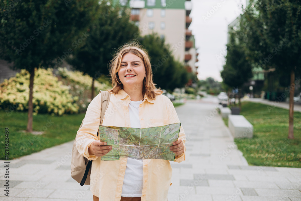 Cheerful traveler tourist woman looking on city map in city outdoor. Girl traveling abroad to travel on weekend getaway. Tourism journey lifestyle