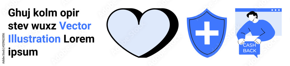 Heart outline, blue shield with white cross, person holding cashback sign. Ideal for healthcare, security, financial services, insurance, online marketing, customer support, educational content Heart outline, blue shield with white cross, person holding cashback sign. Ideal for healthcare, security, financial services, insurance, online marketing, customer support, educational content