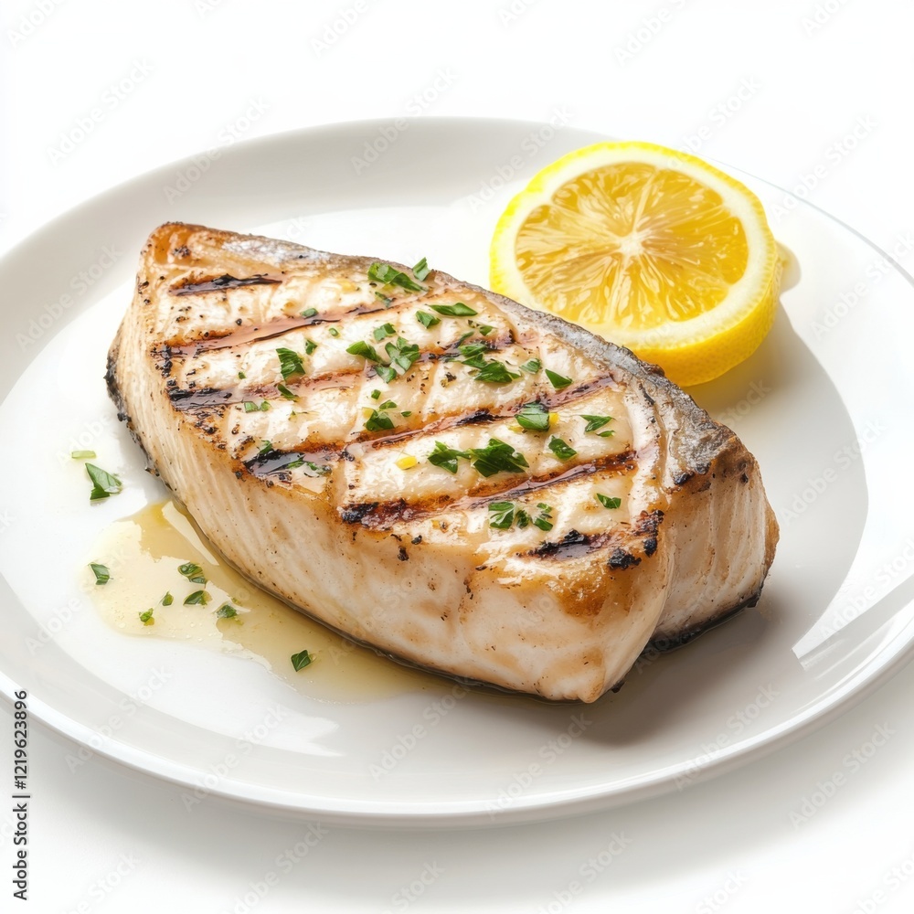 A mouthwatering grilled swordfish steak with lemon butter sauce, isolated white background, cubism art style A mouthwatering grilled swordfish steak with lemon butter sauce, isolated white background, cubism art style