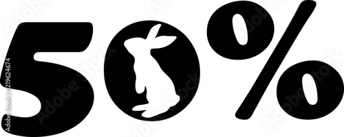 design of numbers namely 50 percent to Easter discounts with the shadow of a rabbit standing on its paws instead of zero, for various posters or banners