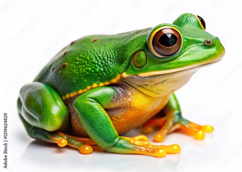 Fototapeta premium White Background Green Tree Frog Litoria Infrafrenata Candid Photo